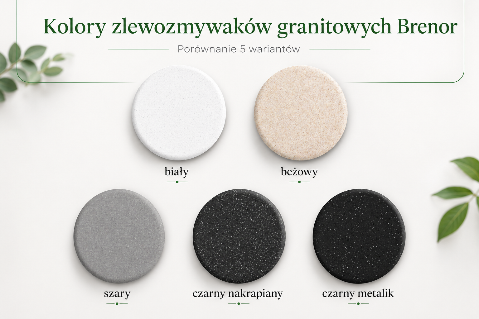 Porównanie pięciu kolorów zlewozmywaków granitowych Brenor: biały, beżowy, szary, czarny nakrapiany i czarny metalik